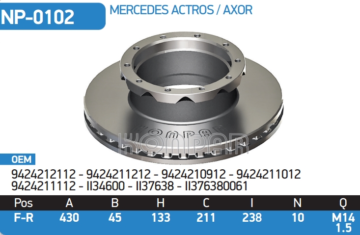 The brake disc MB Actros 9424212112, 9424211212, 9424210912, 9424211012, 9424211112, II34600, II37638, II376380061